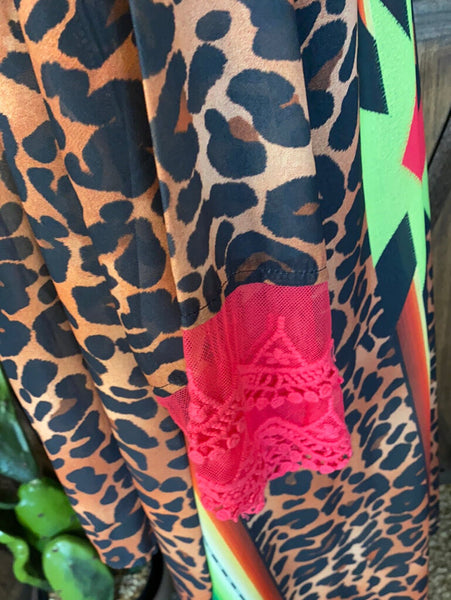 L & B Neon Leopard Aztec Kimono Size S