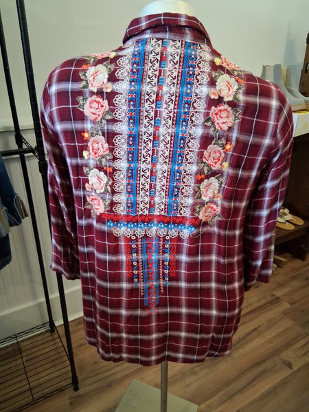Floral Embroidery Button Down 3XL