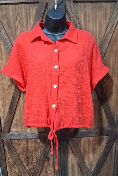Red Button Tie Blouse M