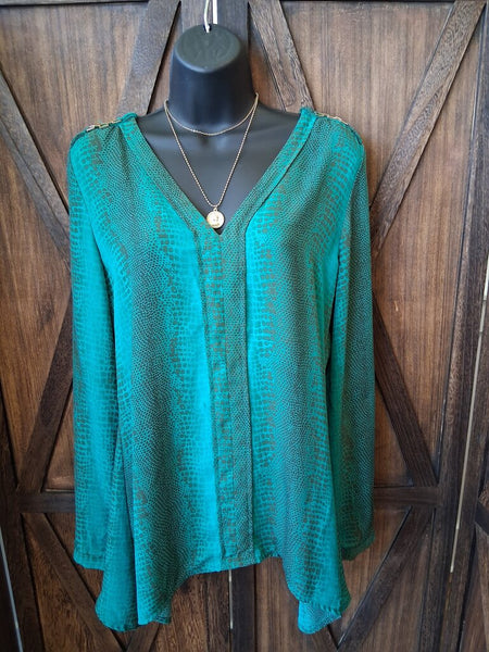 NY Collection Green Snake Print Blouse Size S