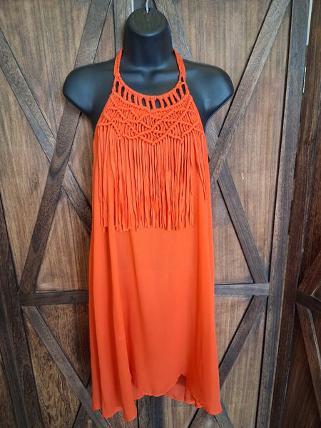 Umgee Crotchet Strap Dress in Coral Size L