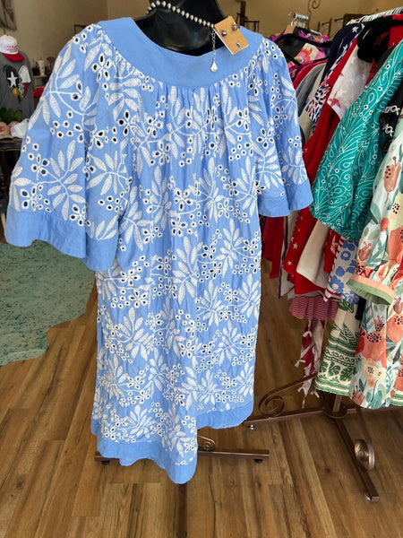 Umgee Baby Blue Embroidery Dress L