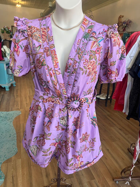 Farm Rio Lilac Floral Romper XL
