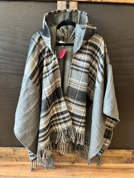 Simply Noelle Grey Plaid Hooded Poncho ONE SIZE