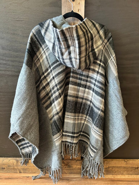 Simply Noelle Grey Plaid Hooded Poncho ONE SIZE