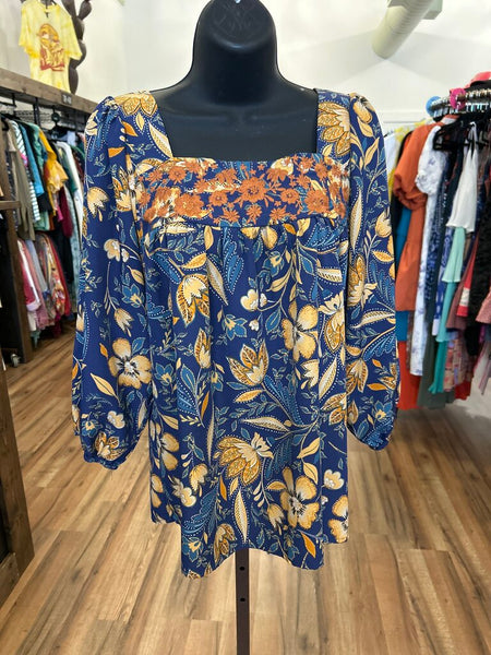 Savanna Jane Blue/Mustard Boho Embroidered Blouse Size Medium