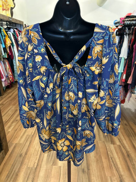 Savanna Jane Blue/Mustard Boho Embroidered Blouse Size Medium