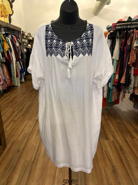 Old Navy White/Navy Embroidered Linen Dress Size XL