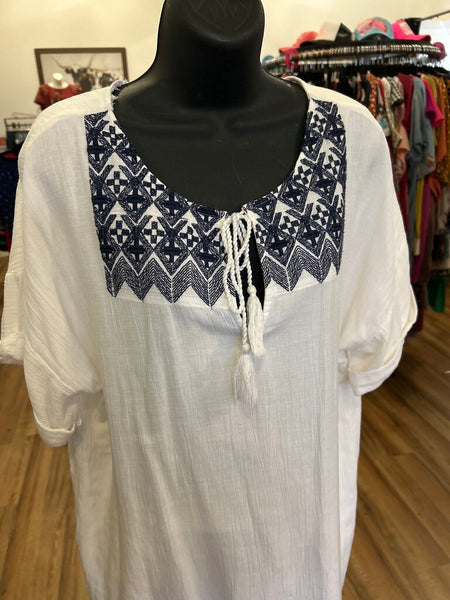 Old Navy White/Navy Embroidered Linen Dress Size XL