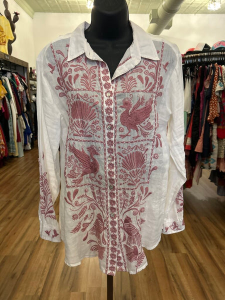 Johnny Was Pink Bird Embroidered Button up Size Small