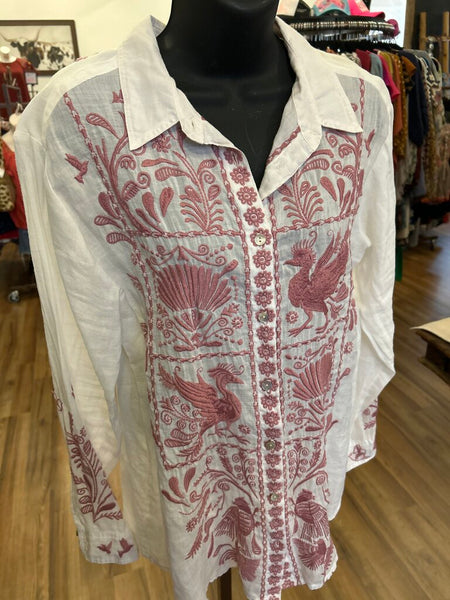 Johnny Was Pink Bird Embroidered Button up Size Small