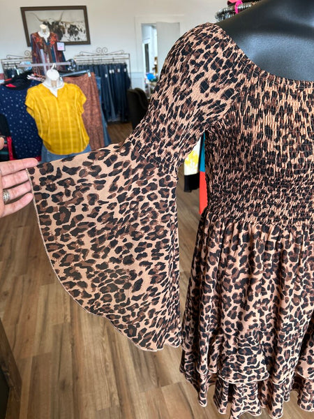 Leopard Flow Sleeve-Ruffled Smocked Dress Size XL