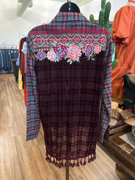 Andree Plaid/Velvet-Embroidered Floral Button up Size S