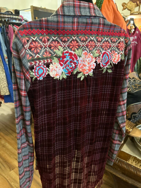 Andree Plaid/Velvet-Embroidered Floral Button up Size S