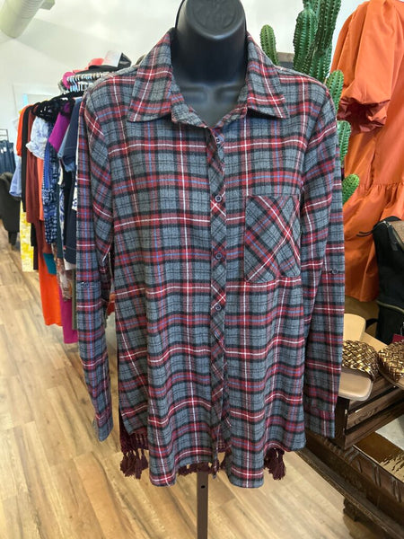Andree Plaid/Velvet-Embroidered Floral Button up Size S
