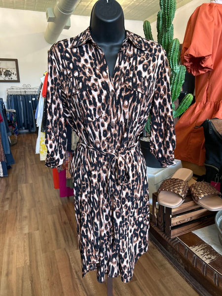 New York & Company Leopard Button up Tie Dress Size XS