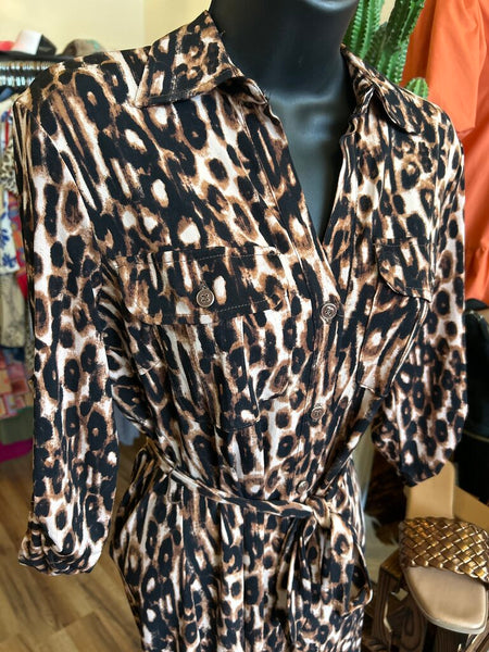 New York & Company Leopard Button up Tie Dress Size XS