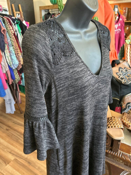 A.Byer Gray Marled/Crochet V-Neck Dress Size S
