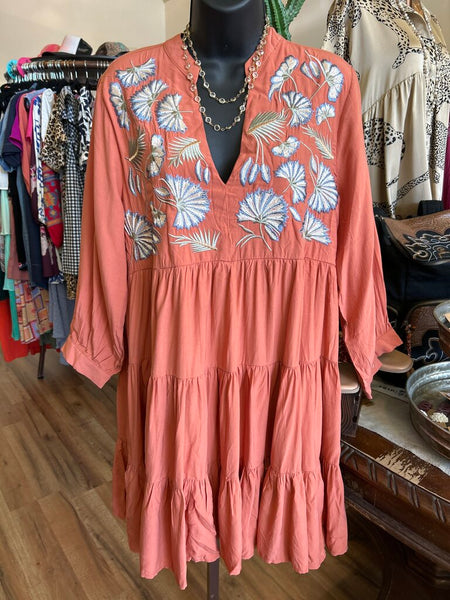 NWT Entro Terracotta Embroidered Tiered Dress Size M