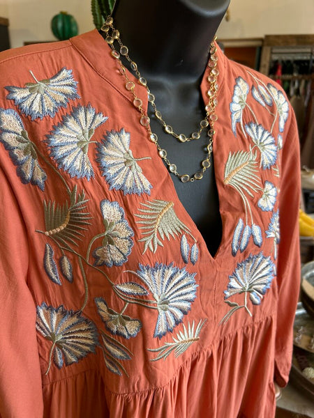 NWT Entro Terracotta Embroidered Tiered Dress Size M