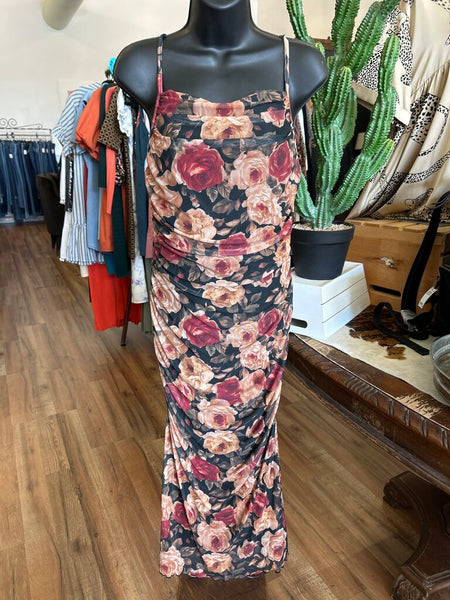 Black Floral Mesh Maxi Ruched Dress Size L