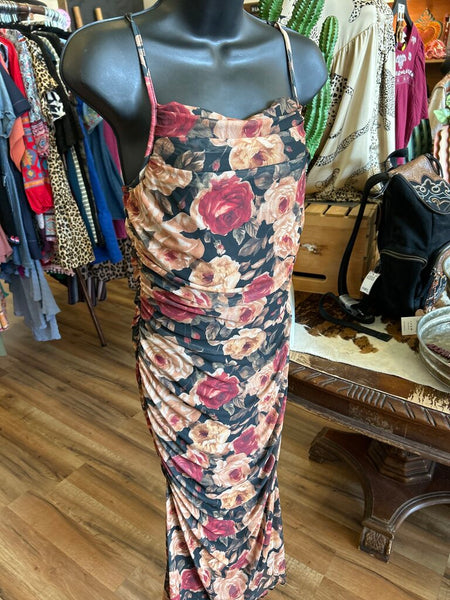 Black Floral Mesh Maxi Ruched Dress Size L