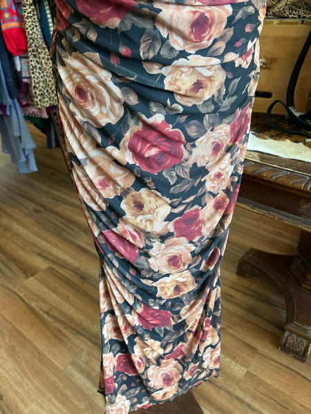 Black Floral Mesh Maxi Ruched Dress Size L
