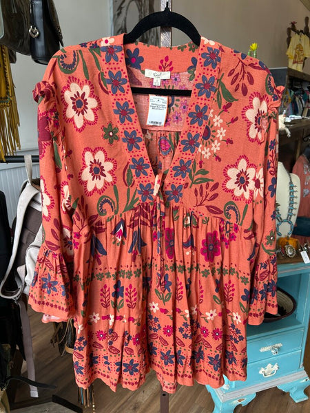 Easel Dark Orange Boho Floral Blouse Size S