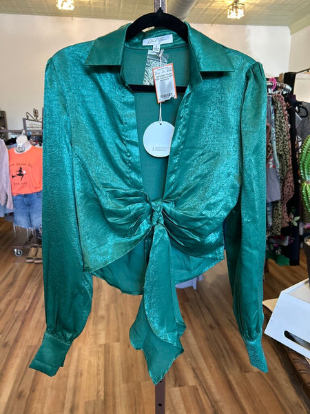 NWT Green Satin Tie-front Lapel top Size S