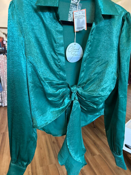 NWT Green Satin Tie-front Lapel top Size S