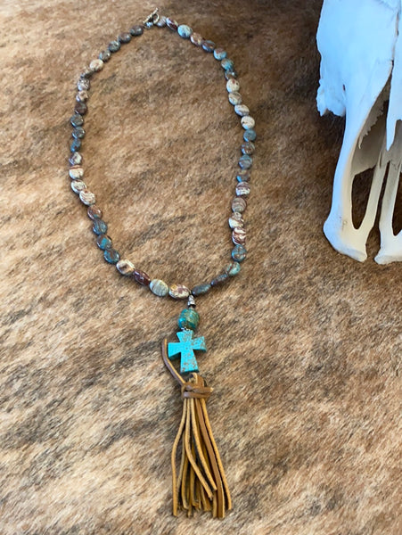 Turquoise Stone Drop Tassel with Cross