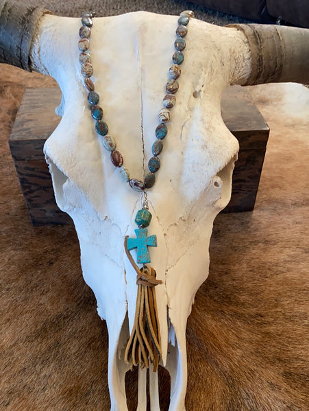 Turquoise Stone Drop Tassel with Cross