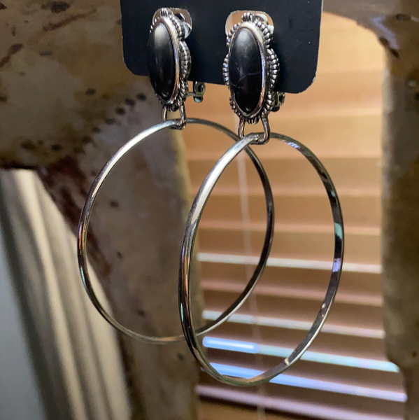 Black Clip-on Silver Hoops