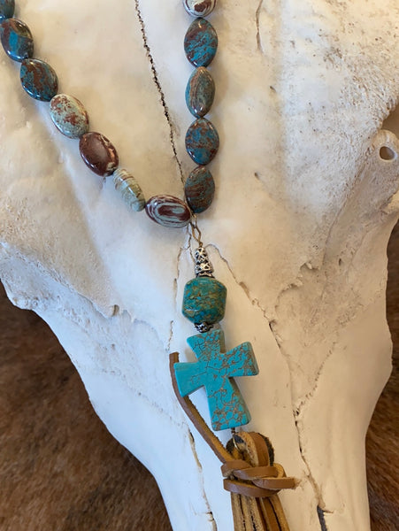 Turquoise Stone Drop Tassel with Cross